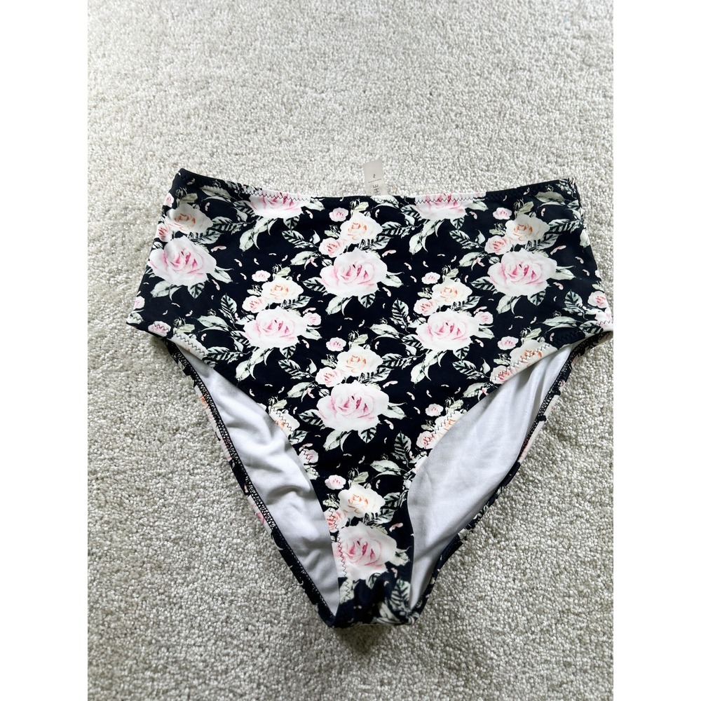 CUPSHE Swimsuit Bottom Womens Large Black Rose Floral‎ High Waisted Bikini Brief